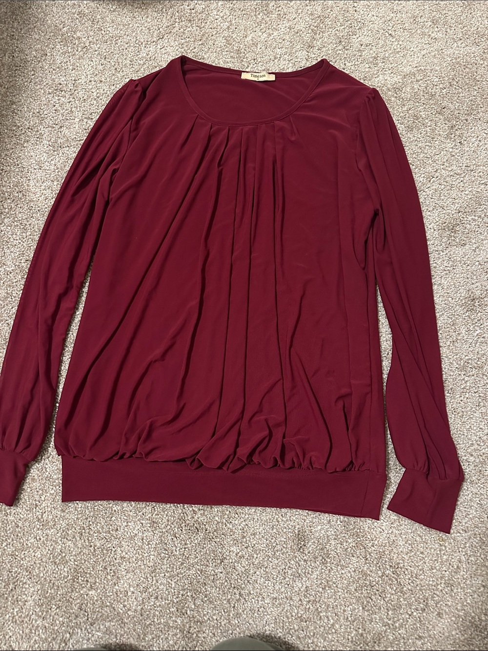 Women's Long-Sleeve Pleated Scoop Neck Top - Burgundy